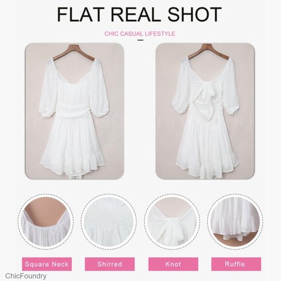 Square Neck Tie Back Lantern Sleeve Ruffle A-Line Casual Summer Dress - Picture 4 of 7